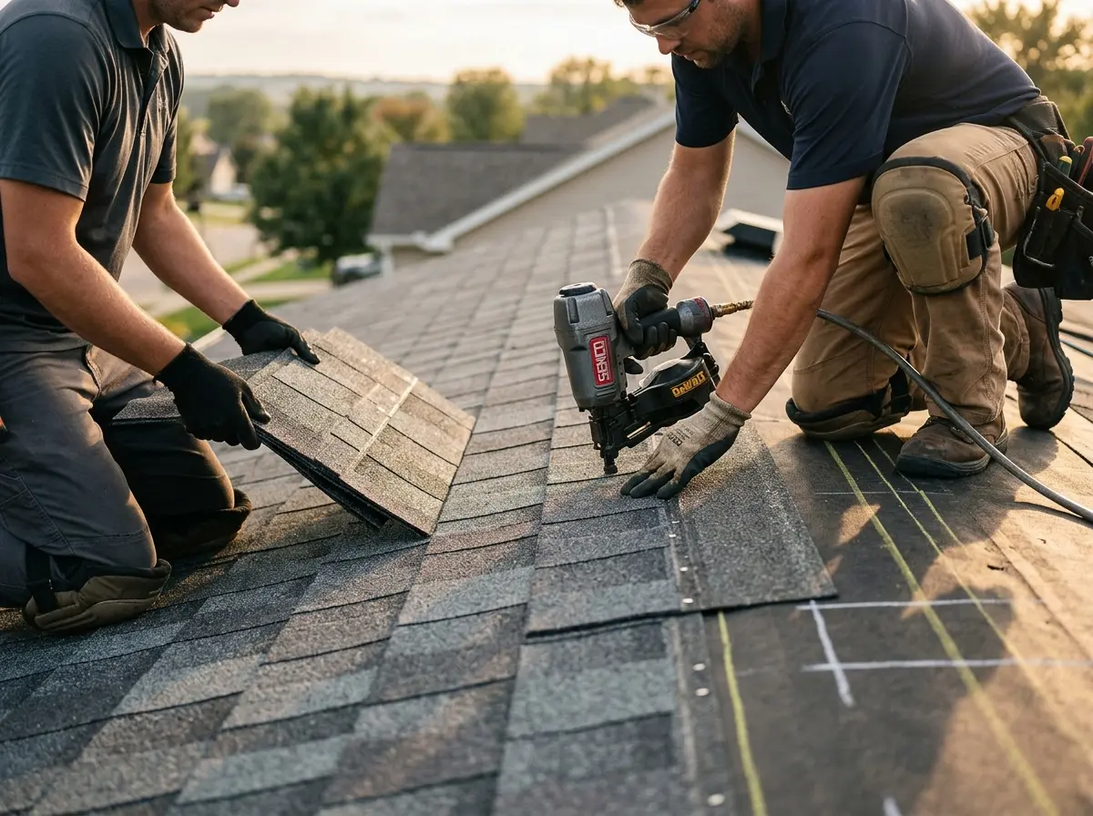 Professional roofer working on a residential roof in Tucker